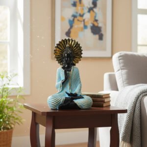 Serene Black Buddha Statue with Blue & Gold Robe