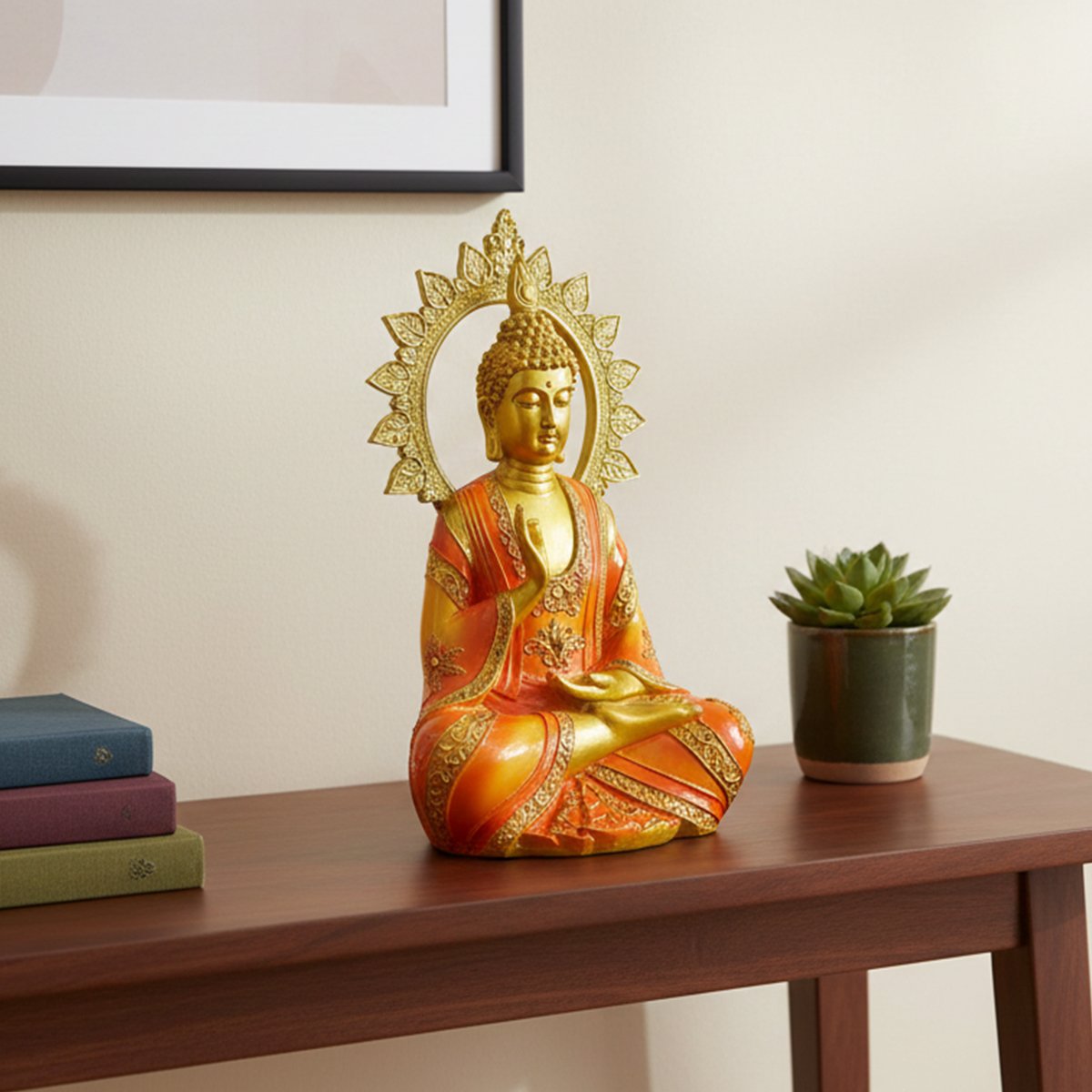 Golden Meditating Buddha Statue with Aura Halo