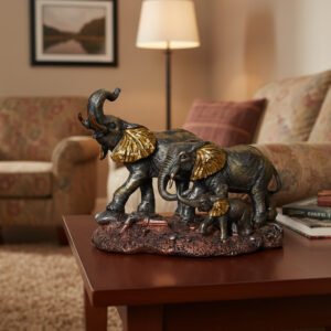 Decorative Elephant Family Statue with Gold Accents