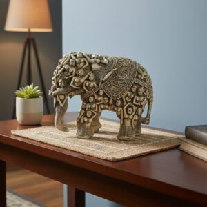 Handcrafted Elephant Figurine with Intricate Carved Human Motifs