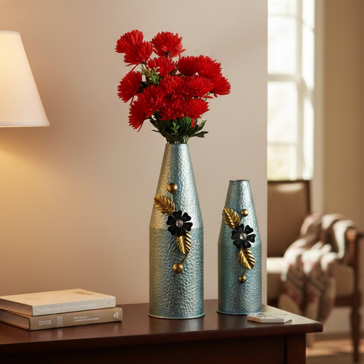 Set of 2 Decorative Metal Flower Vases with Floral Design