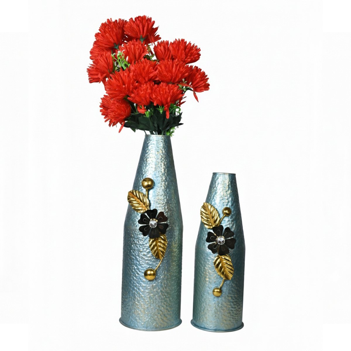 Set of 2 Decorative Metal Flower Vases with Floral Design - Image 2