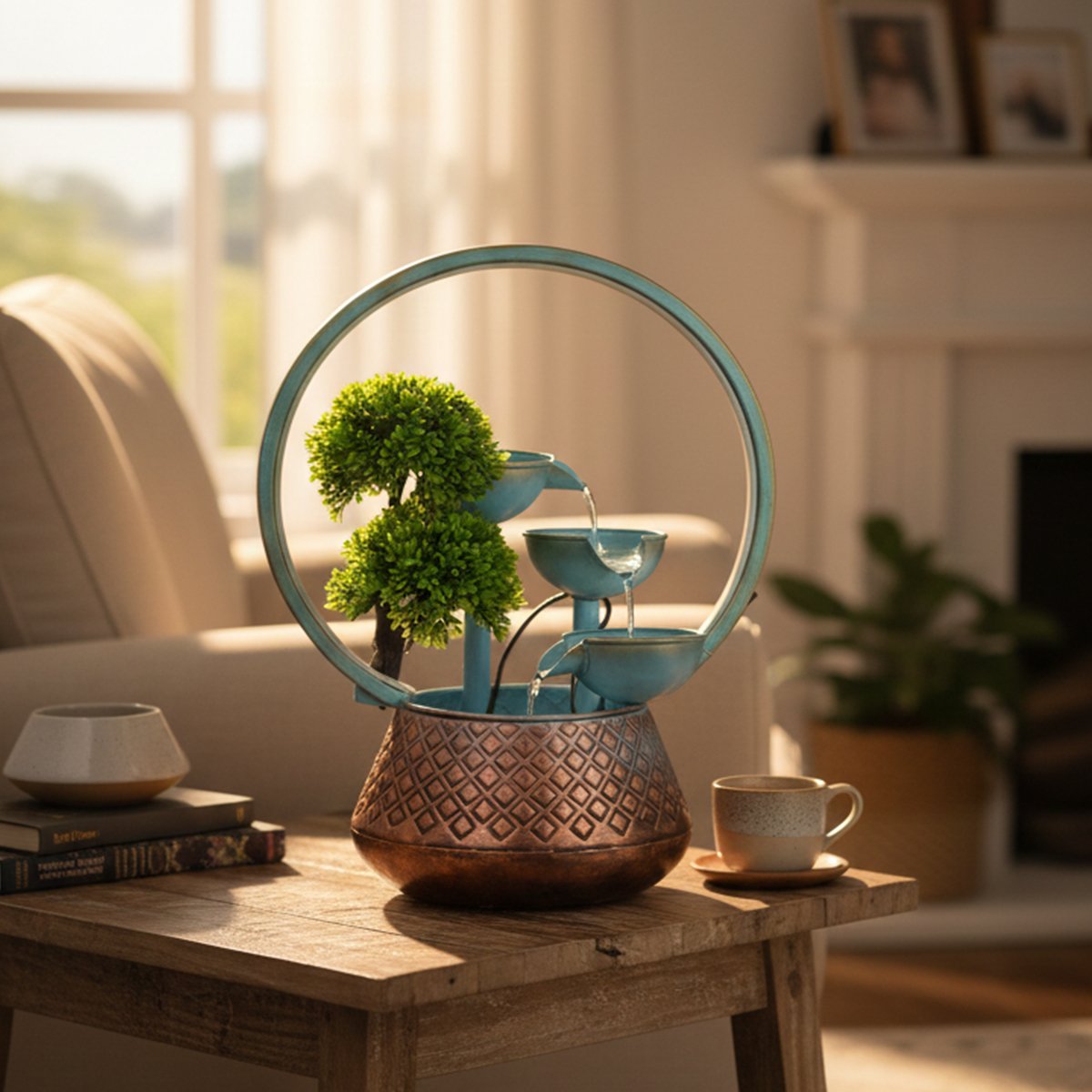 Modern Tabletop Water Fountain with Artificial Bonsai Plant