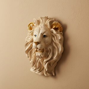 Majestic White Lion Head Wall Sculpture with Gold Accents