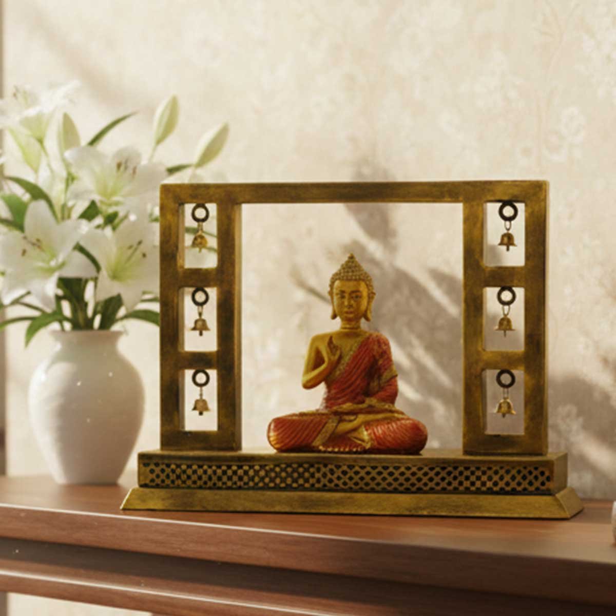 Meditating Buddha Decorative Showpiece with Hanging Bells
